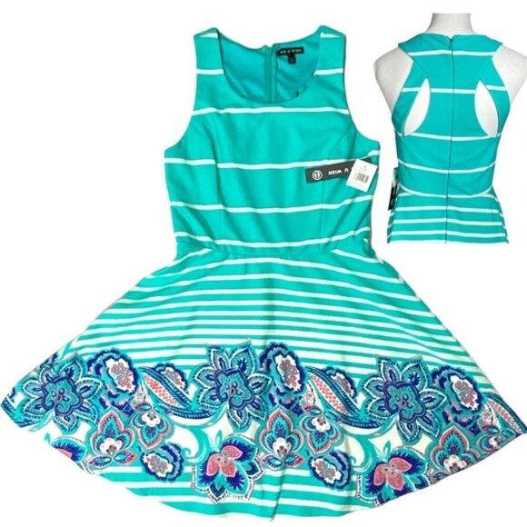 As U Wish Dresses & Skirts - As U Wish Cut Out Skater Dress Mini Flare Stripe Floral White Teal Junior Large